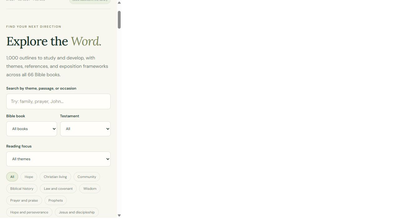 Real English Semente app library on mobile, with 1,000 outlines and search filters by Bible book, testament and theme.